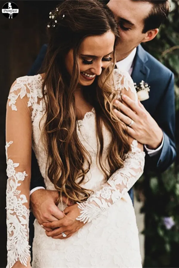 Promfast Elegant Mermaid Wedding Dresses Long Sleeves Lace Bridal Gowns PFW0534