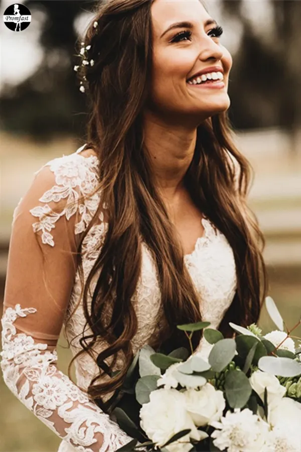 Promfast Elegant Mermaid Wedding Dresses Long Sleeves Lace Bridal Gowns PFW0534