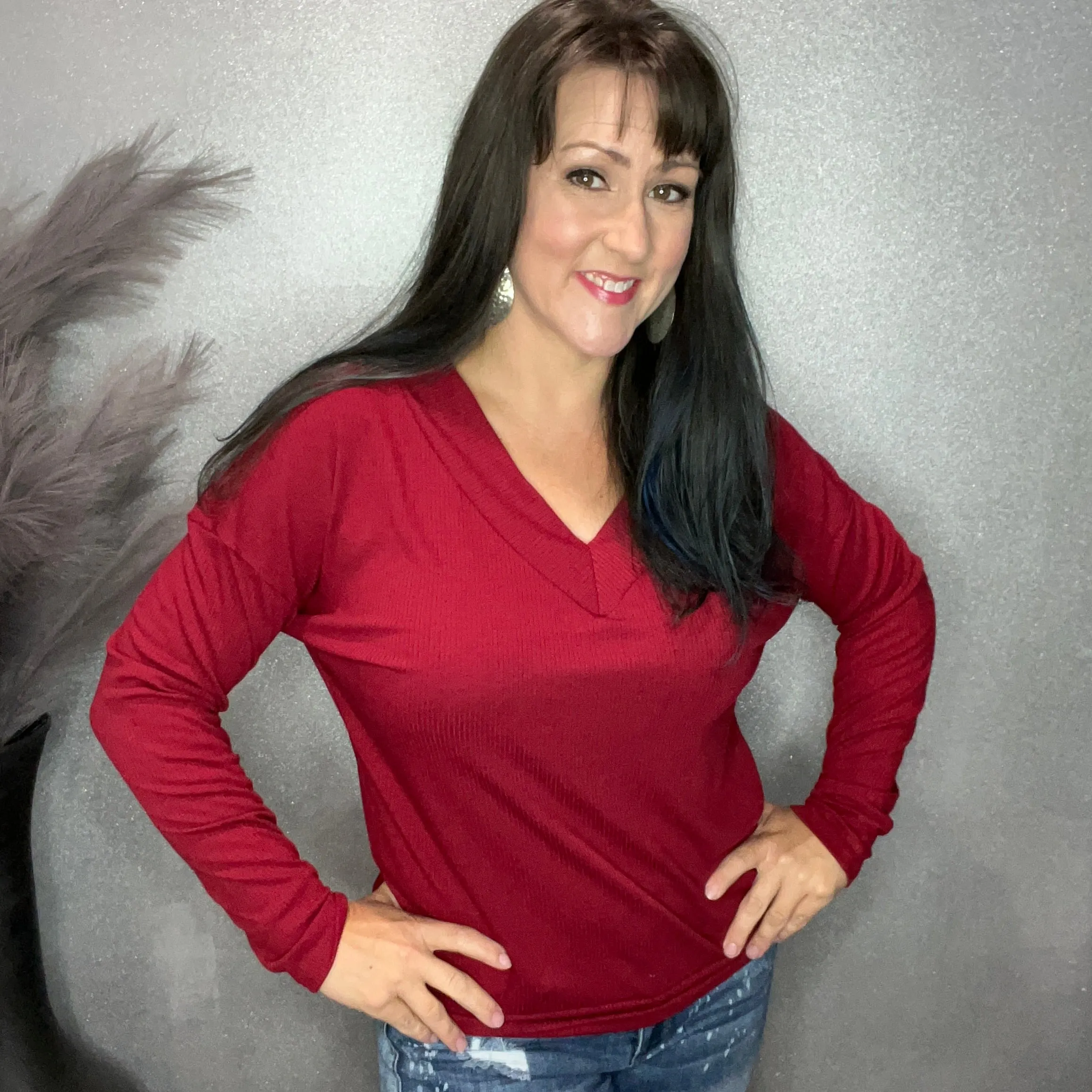 Relaxed Ribbed Knit V-Neck Top