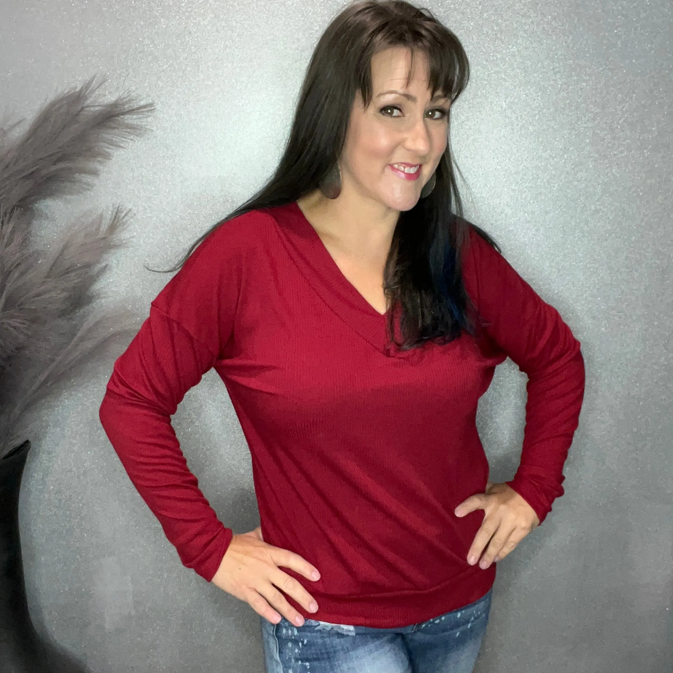 Relaxed Ribbed Knit V-Neck Top