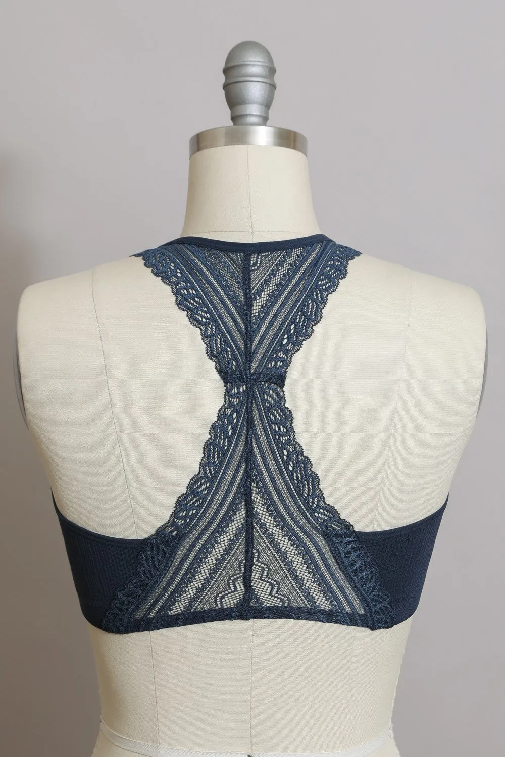 Seamless Front Lace Racerback Bralette - Black, Beige, Blue Gray