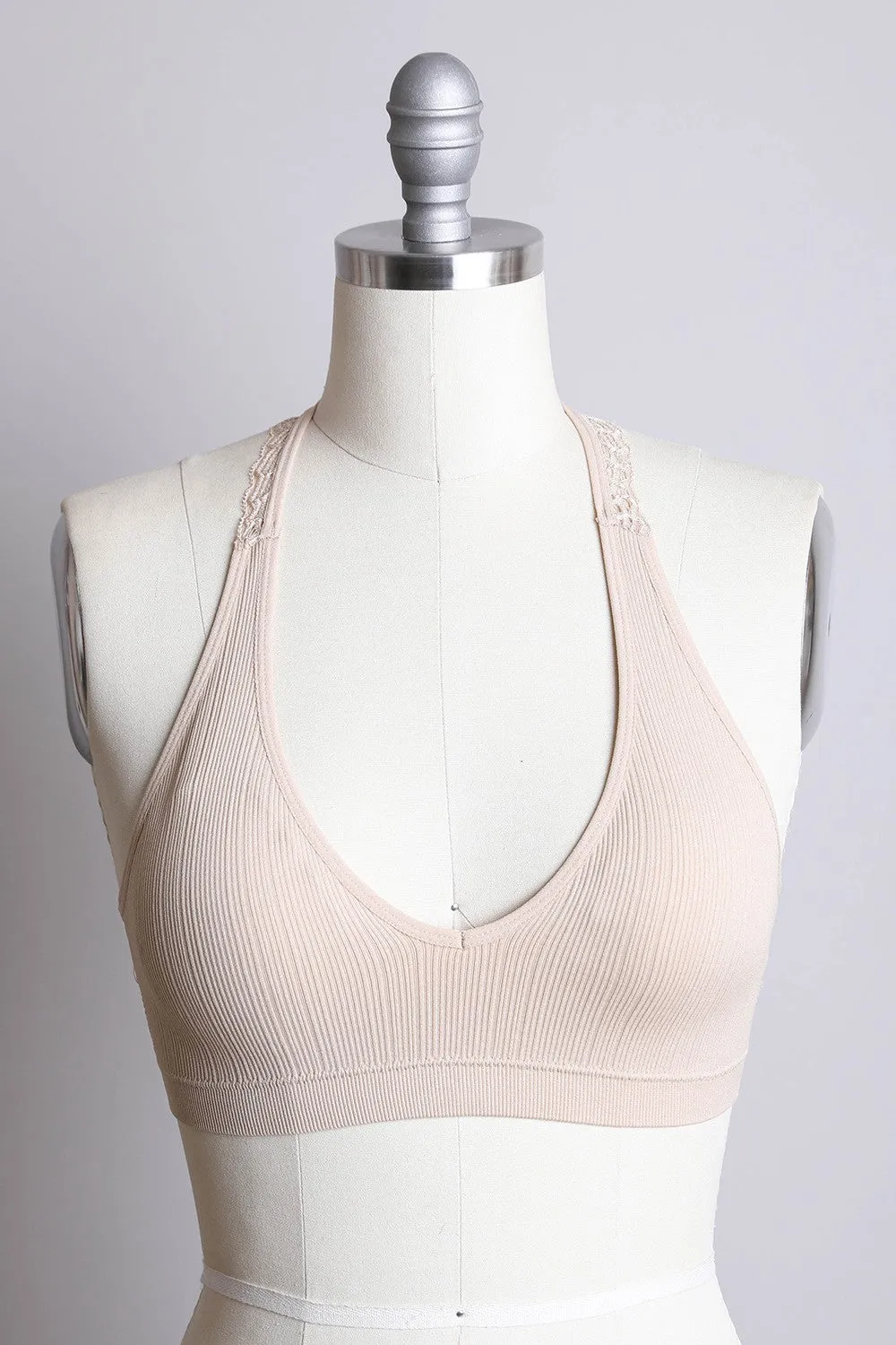 Seamless Front Lace Racerback Bralette - Black, Beige, Blue Gray