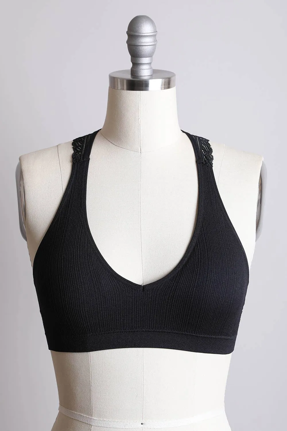 Seamless Front Lace Racerback Bralette - Black, Beige, Blue Gray