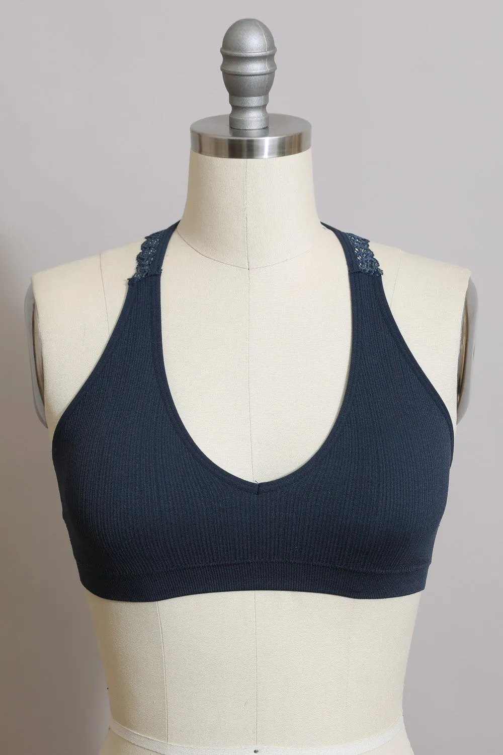 Seamless Front Lace Racerback Bralette - Black, Beige, Blue Gray