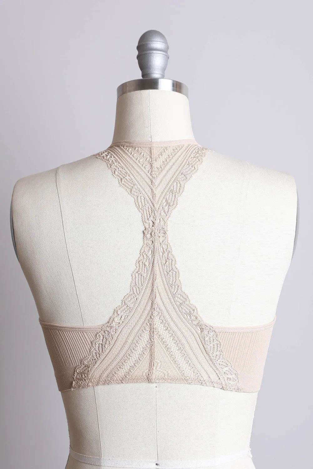 Seamless Front Lace Racerback Bralette - Black, Beige, Blue Gray