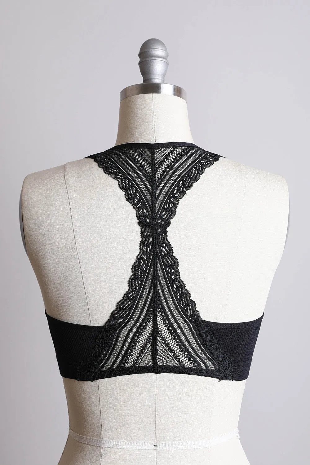 Seamless Front Lace Racerback Bralette - Black, Beige, Blue Gray