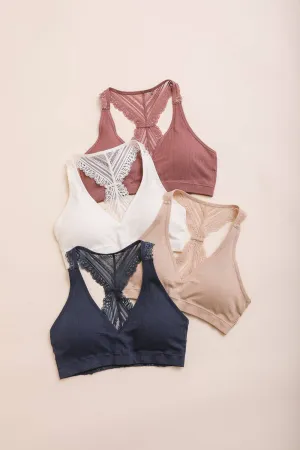 Seamless Front Lace Racerback Bralette - Black, Beige, Blue Gray