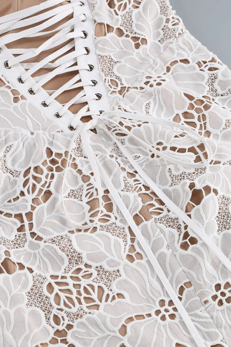 Sexy Floral Embroidered Lace Bustier Lace Up Sleeveless Evening Maxi Dress
