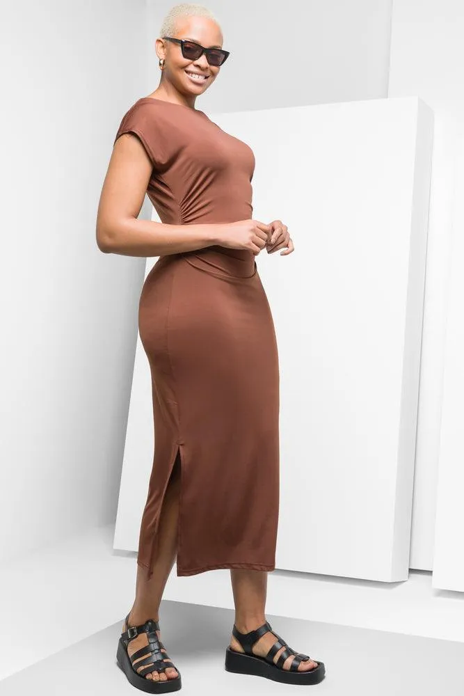 Sleeveless Boat Neck Side Ruched Dress Brown