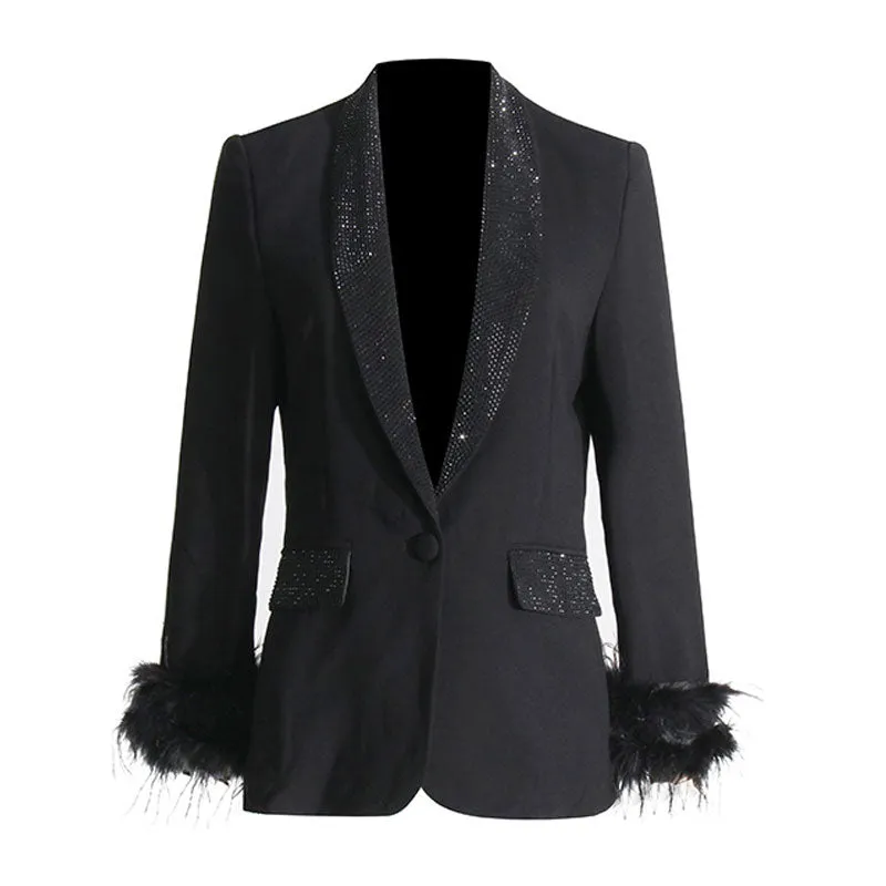 Sparkly Crystal Shawl Collar Faux Feather Trim Long Sleeve Single Button Tailored Blazer
