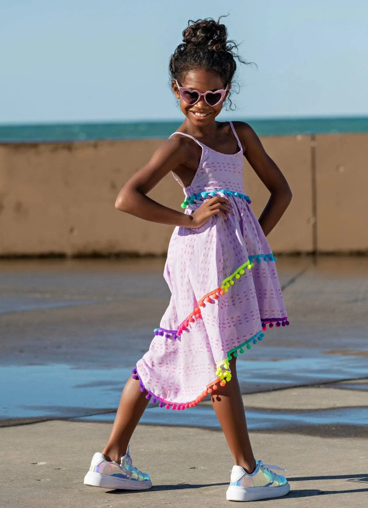 St. Barths Pom Pom High Low Dress lavender