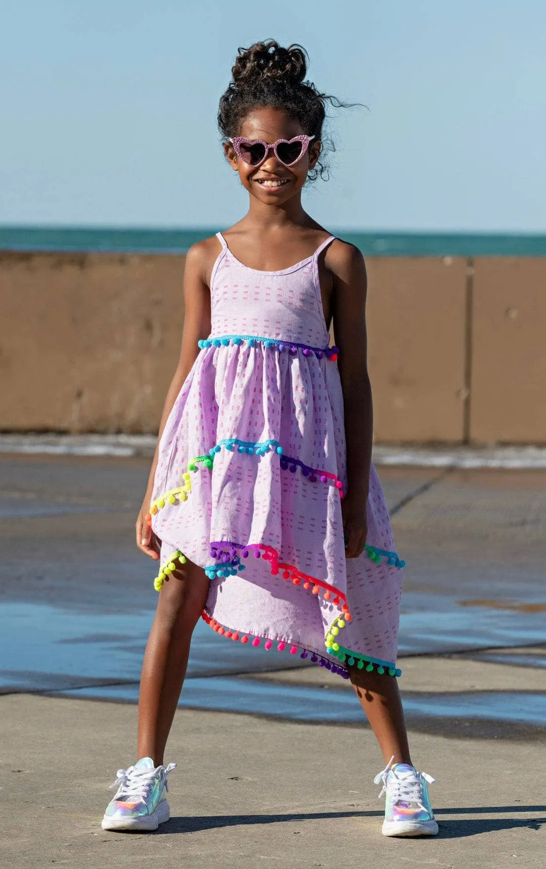 St. Barths Pom Pom High Low Dress lavender