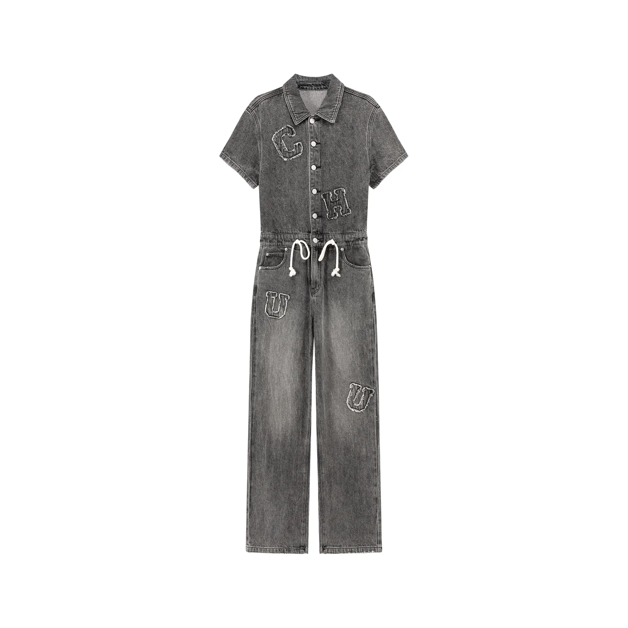 String Embroidered Denim Jumpsuit