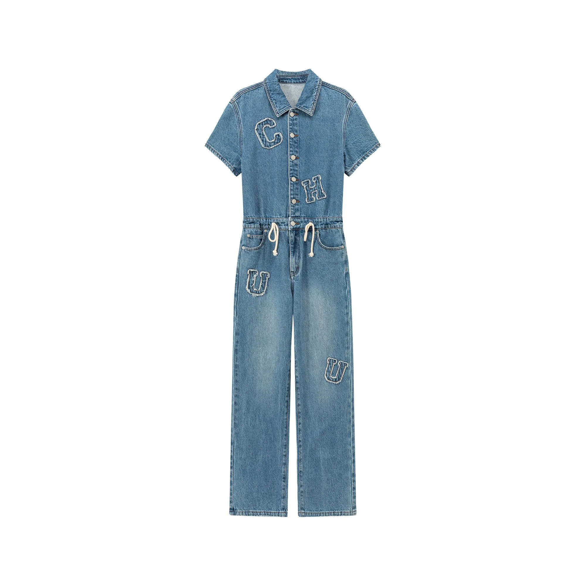 String Embroidered Denim Jumpsuit