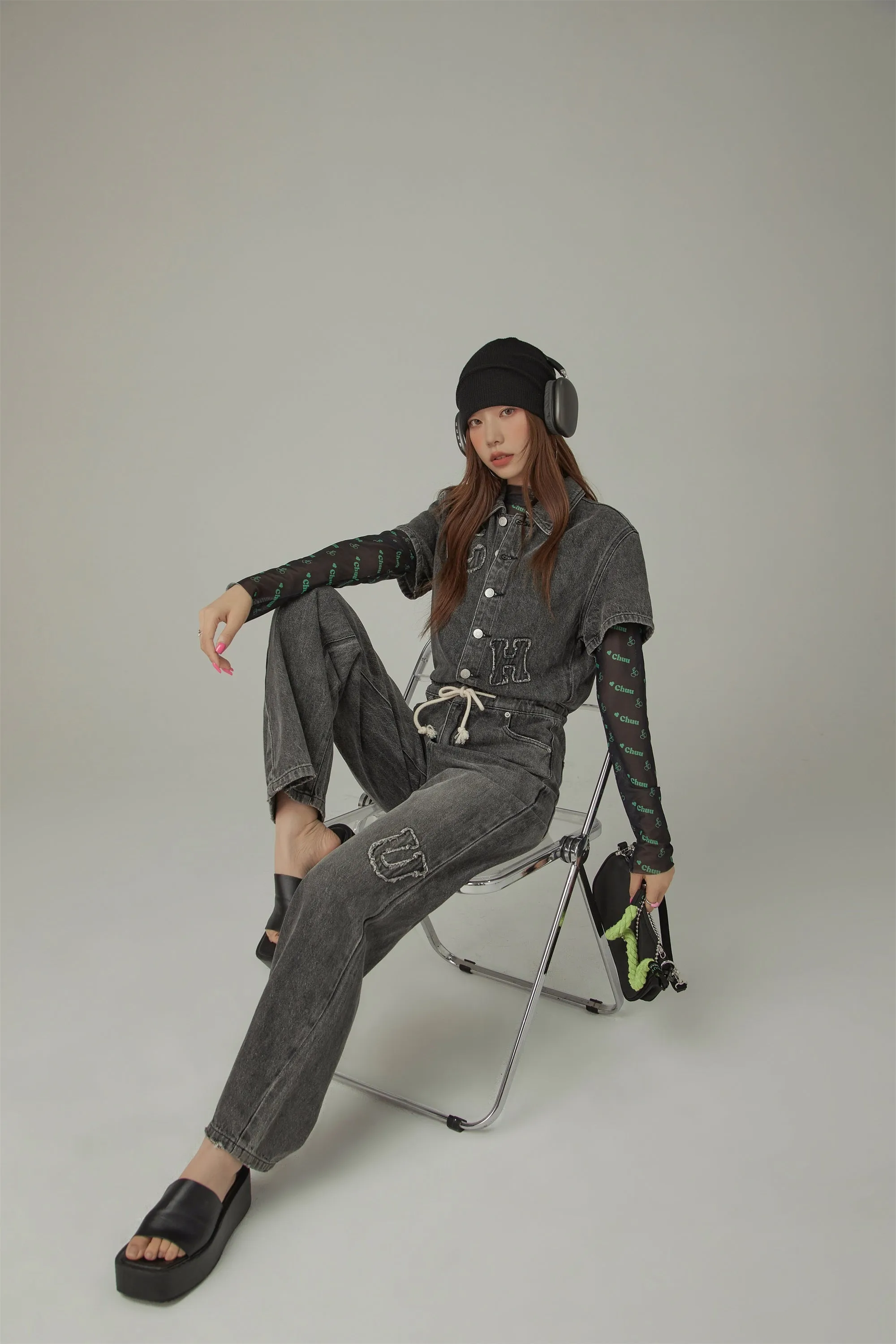 String Embroidered Denim Jumpsuit