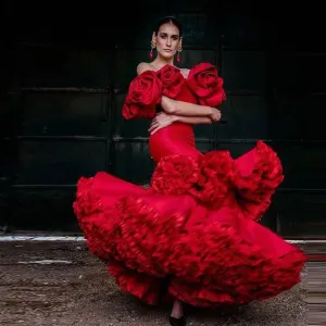 Stunnung Rose Red Bloom Mermaid Women Maxi Gowns To Prom Party Very Puffy Bottom Vintage Long Prom Gowns
