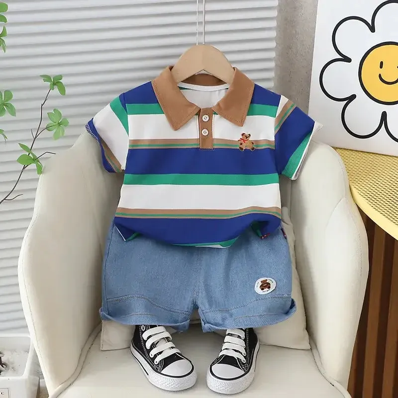 Summer Toddler Boys Striped Bear Polo Shirt Denim Shorts