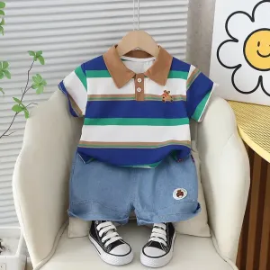 Summer Toddler Boys Striped Bear Polo Shirt Denim Shorts