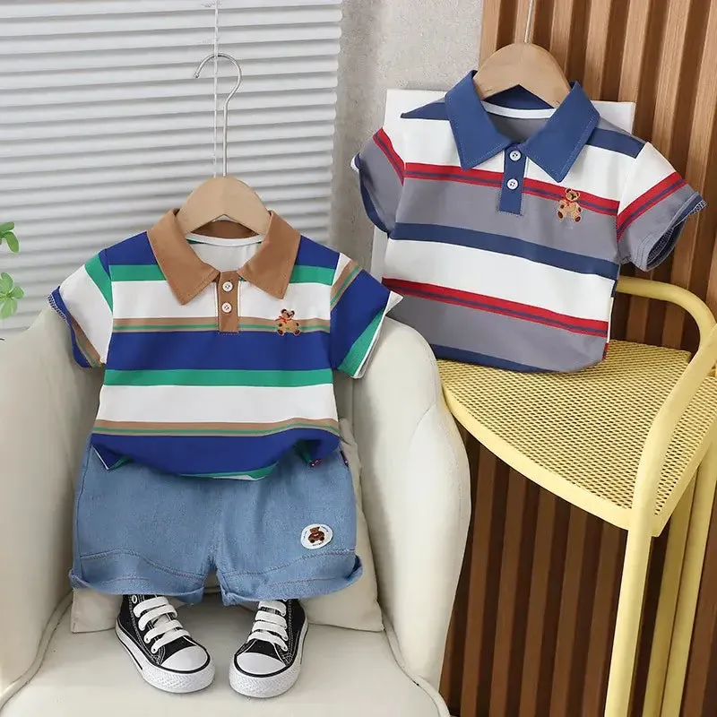 Summer Toddler Boys Striped Bear Polo Shirt Denim Shorts