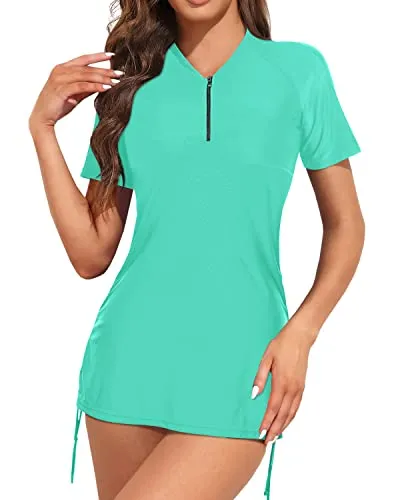 Sun Protected Short Sleeve Rash Guard Swimsuit For Women-Light Blue And Black