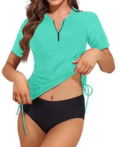Sun Protected Short Sleeve Rash Guard Swimsuit For Women-Light Blue And Black