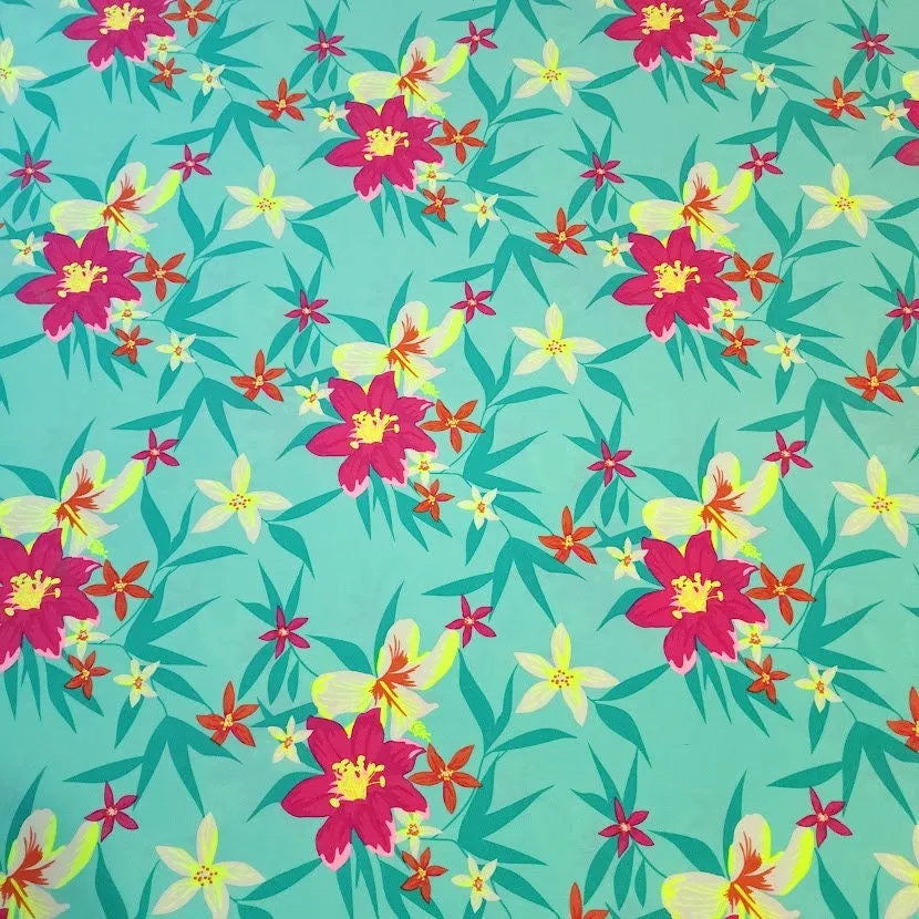 SWIM Fabric: Nylon Spandex Knit, Pretty Hot Pink Floral on Teal Green. Very Nice Quality Activewear and Swimwear. Sold by the 1/2 yard