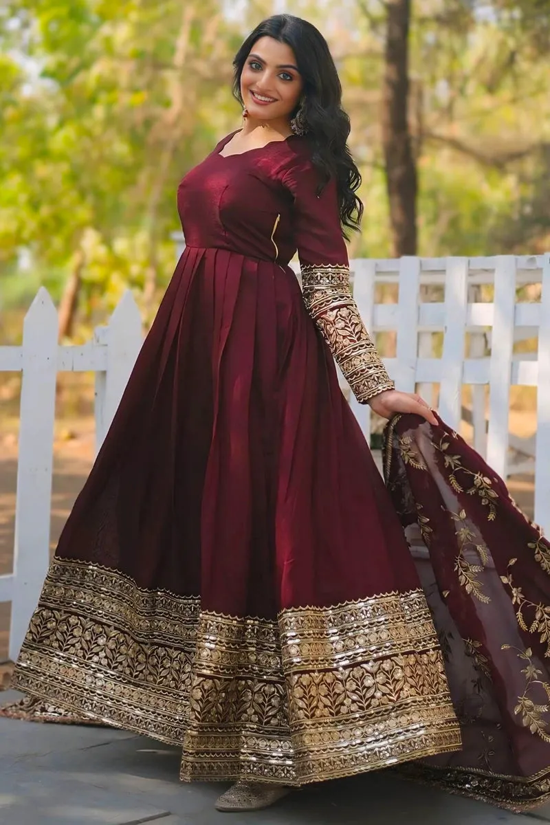 Traditional Maroon Gown With Golden Embroidery For Wedding