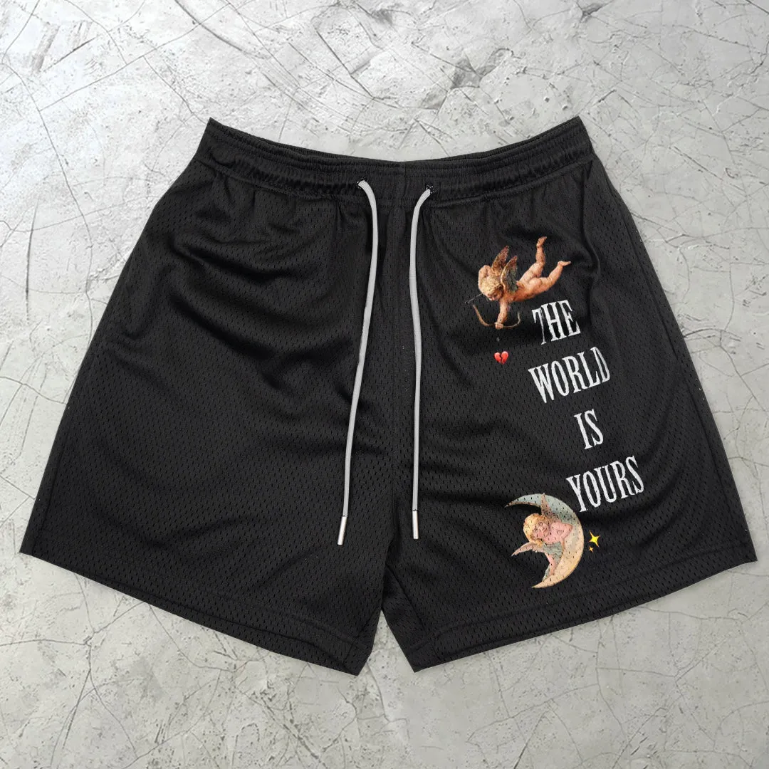 Trendy Angel Print Street Mesh Shorts