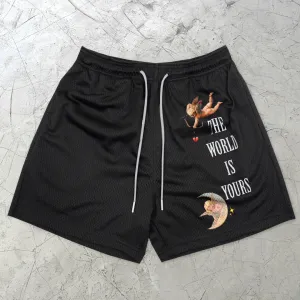 Trendy Angel Print Street Mesh Shorts