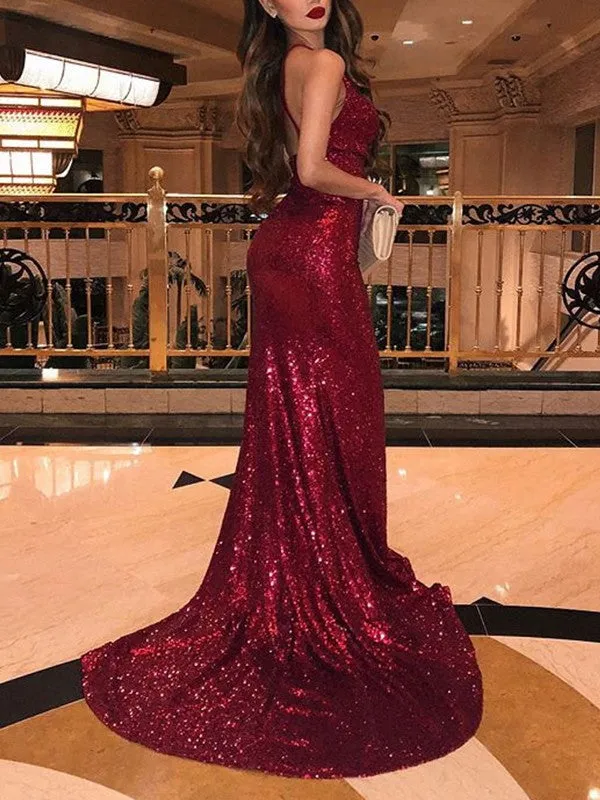 Trumpet/Mermaid Sleeveless V-neck Court Train Ruffles Sequins Dresses