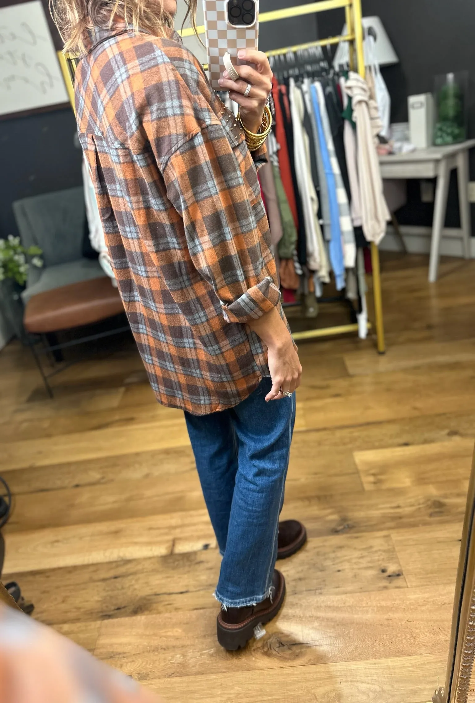 Upside Plaid Button-Down Top - Mocha