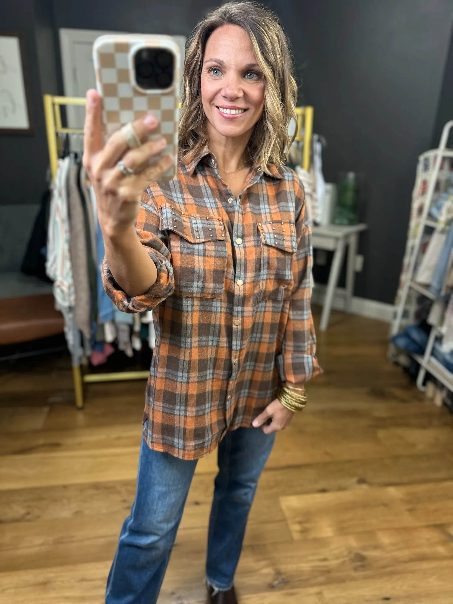 Upside Plaid Button-Down Top - Mocha