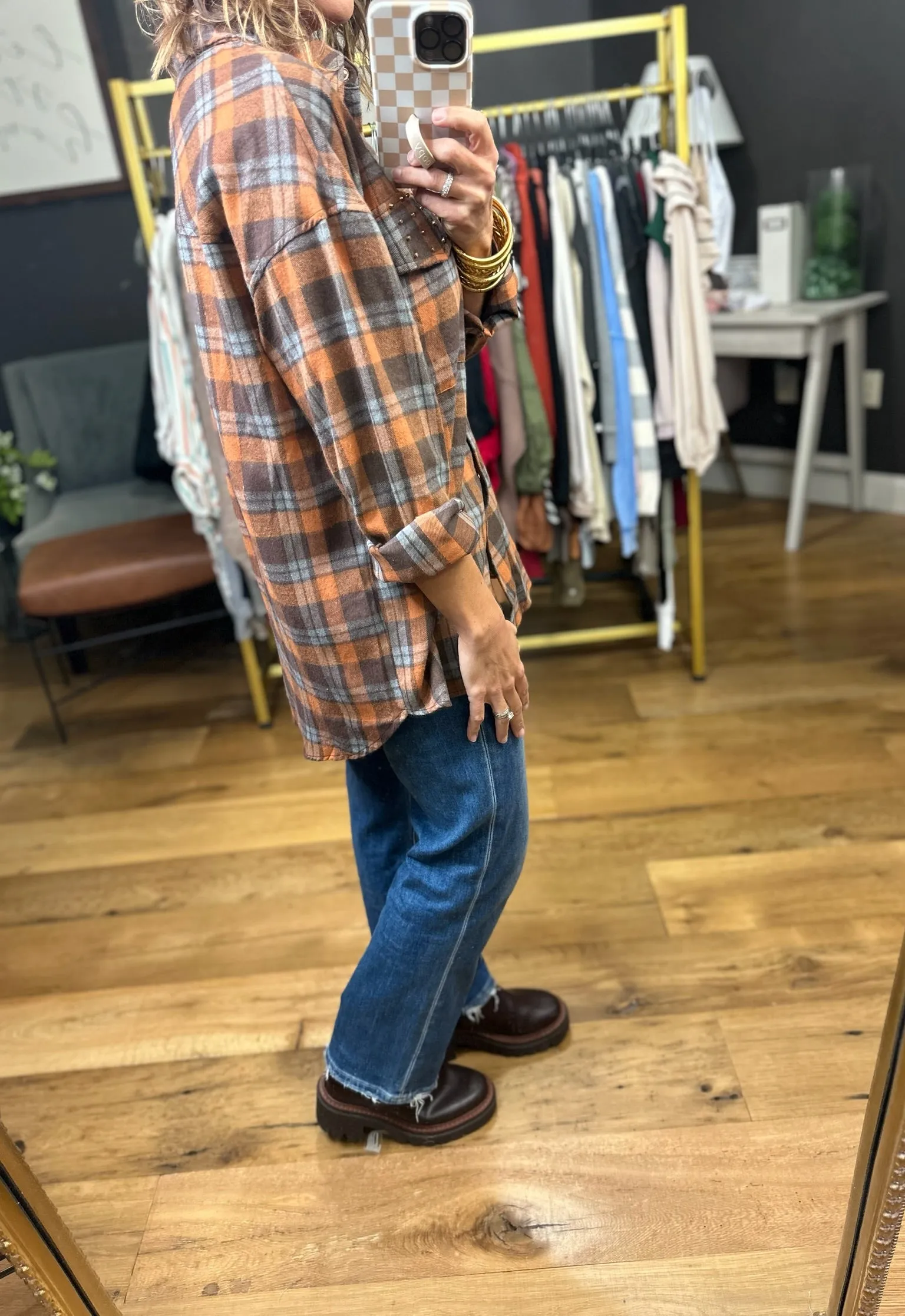 Upside Plaid Button-Down Top - Mocha