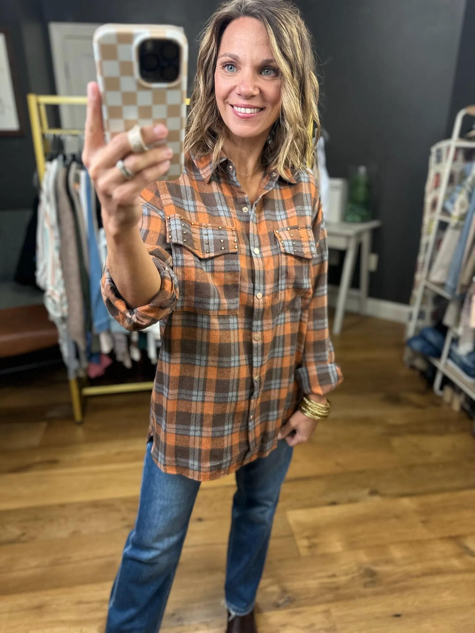 Upside Plaid Button-Down Top - Mocha