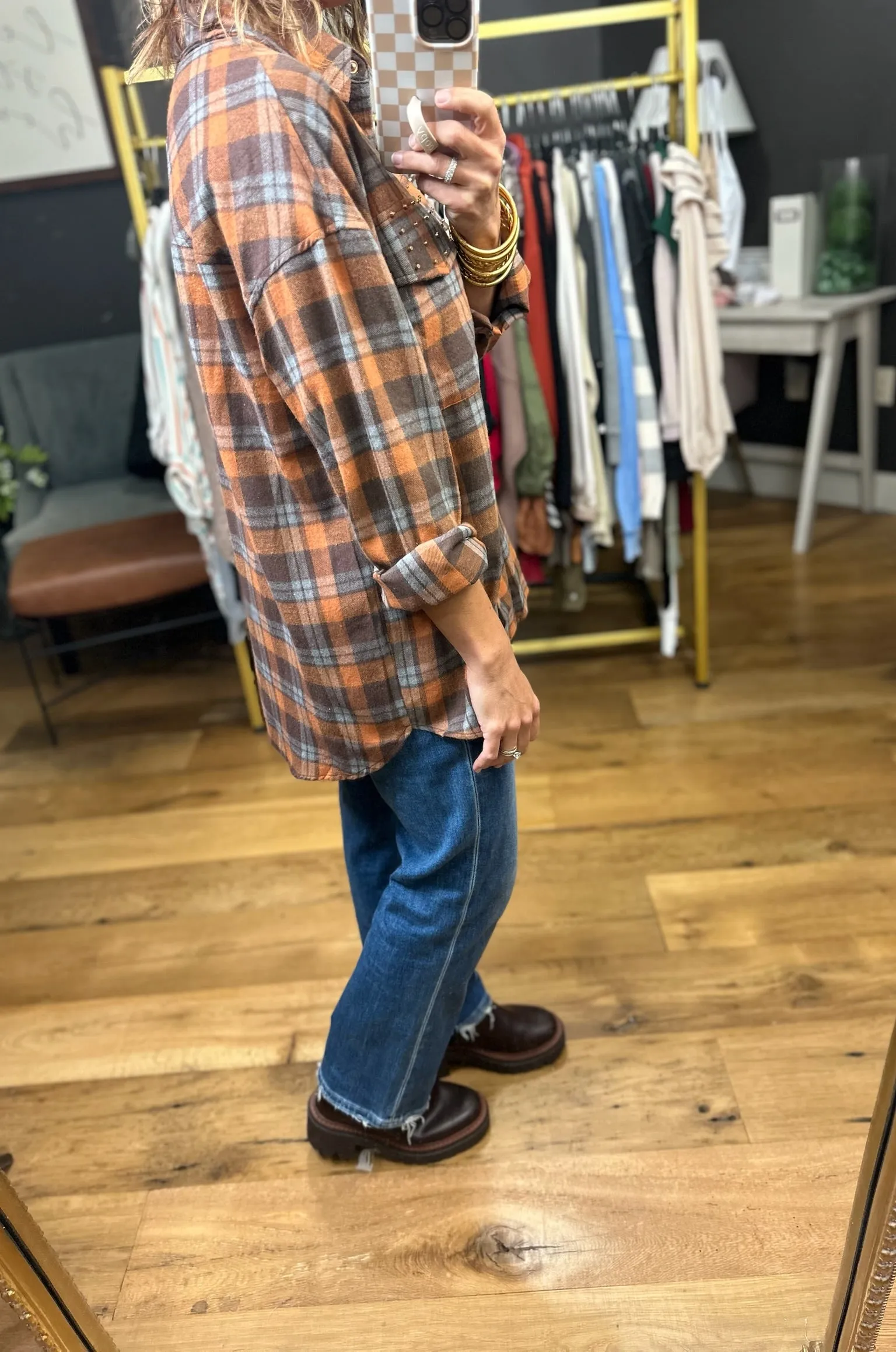 Upside Plaid Button-Down Top - Mocha