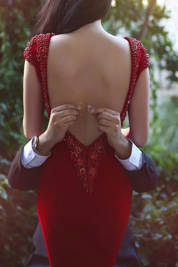V Neck Cap Sleeves Long Backless Red Mermaid Prom Dress with Beading PG370