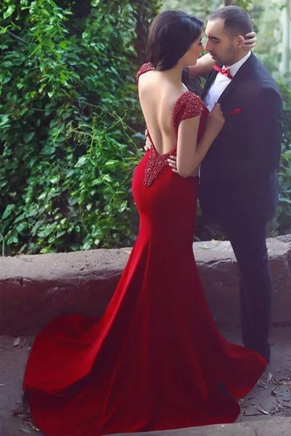 V Neck Cap Sleeves Long Backless Red Mermaid Prom Dress with Beading PG370