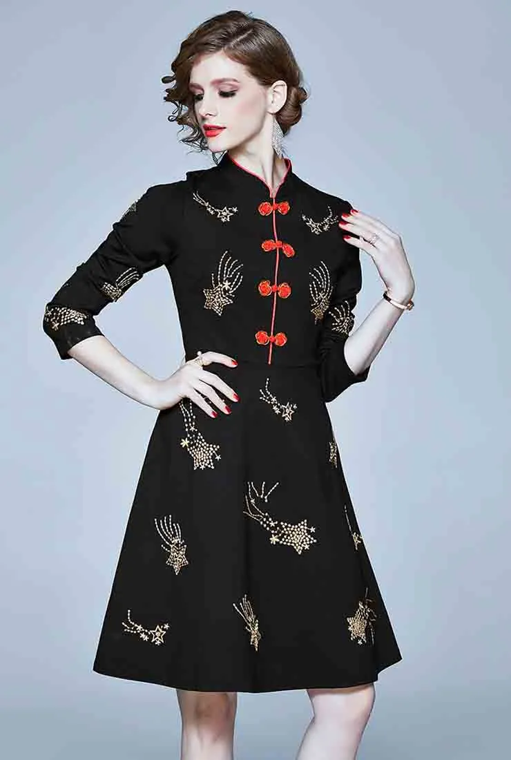Vintage Embroidered A-Line Midi Dress