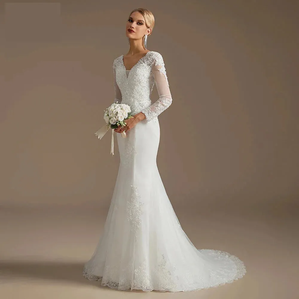 Wedding Dress Mermaid Court Train Bridal Gown with Long Sleeve