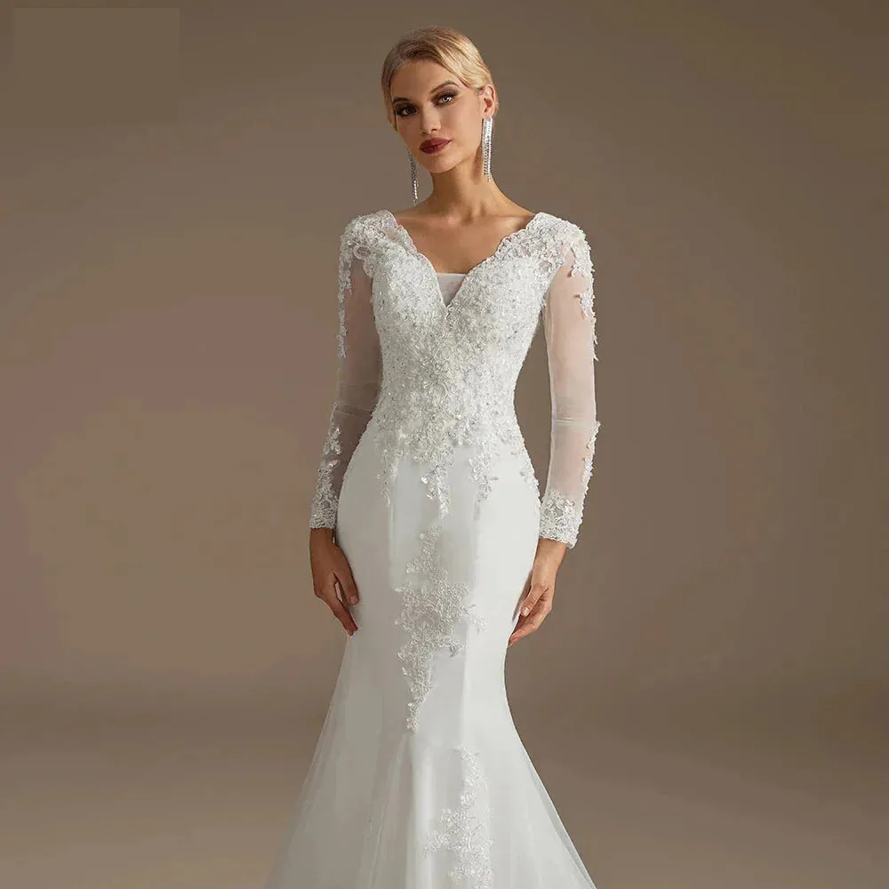 Wedding Dress Mermaid Court Train Bridal Gown with Long Sleeve