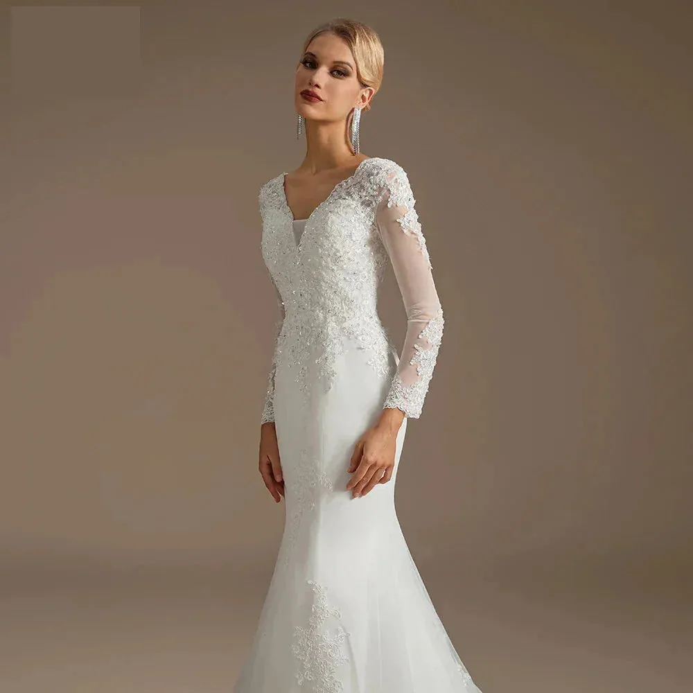 Wedding Dress Mermaid Court Train Bridal Gown with Long Sleeve