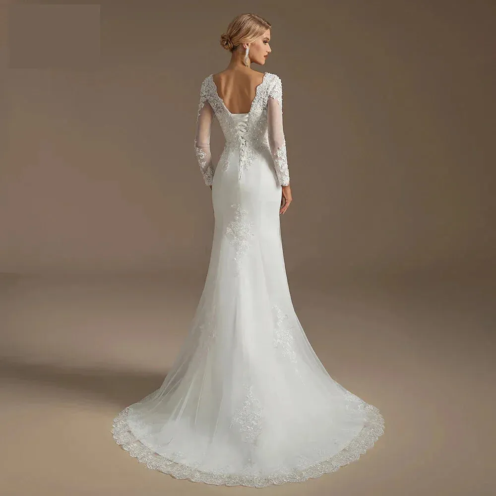 Wedding Dress Mermaid Court Train Bridal Gown with Long Sleeve