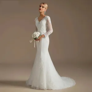 Wedding Dress Mermaid Court Train Bridal Gown with Long Sleeve