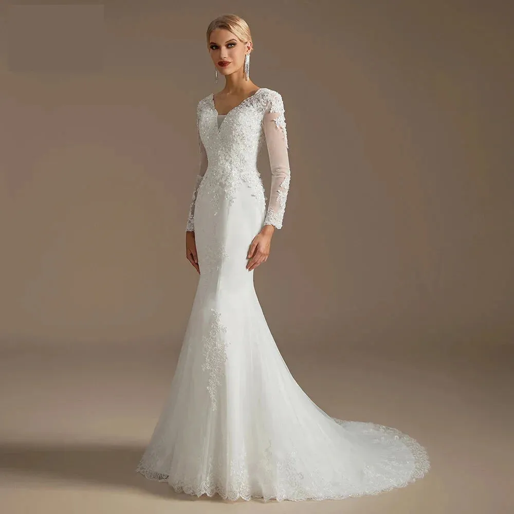 Wedding Dress Mermaid Court Train Bridal Gown with Long Sleeve