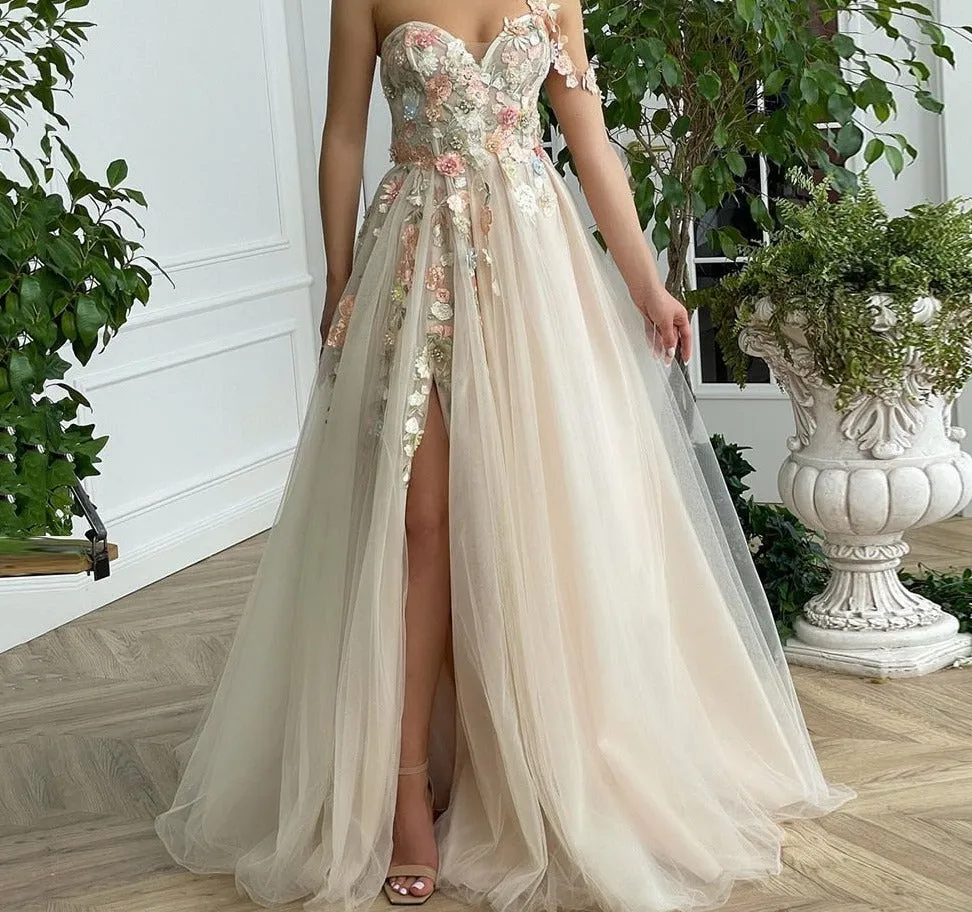 Wenkouban Champagne Sweetheart Tulle Prom Dresses Sleeveless Handmade Flowers High Slit A-Line Prom Gowns Wedding Party Dresses