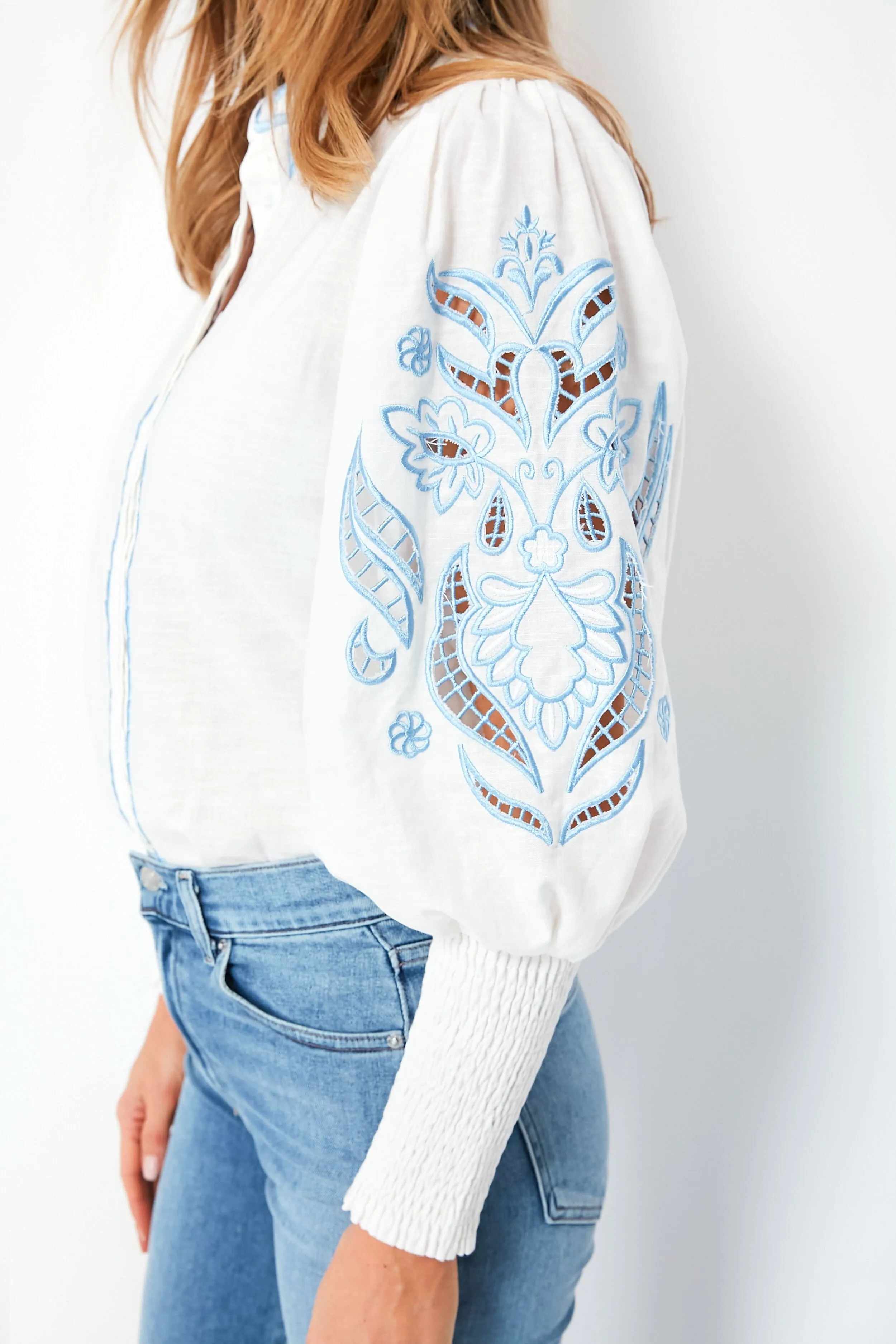 White and Blue Embroidered Sandy Shirt