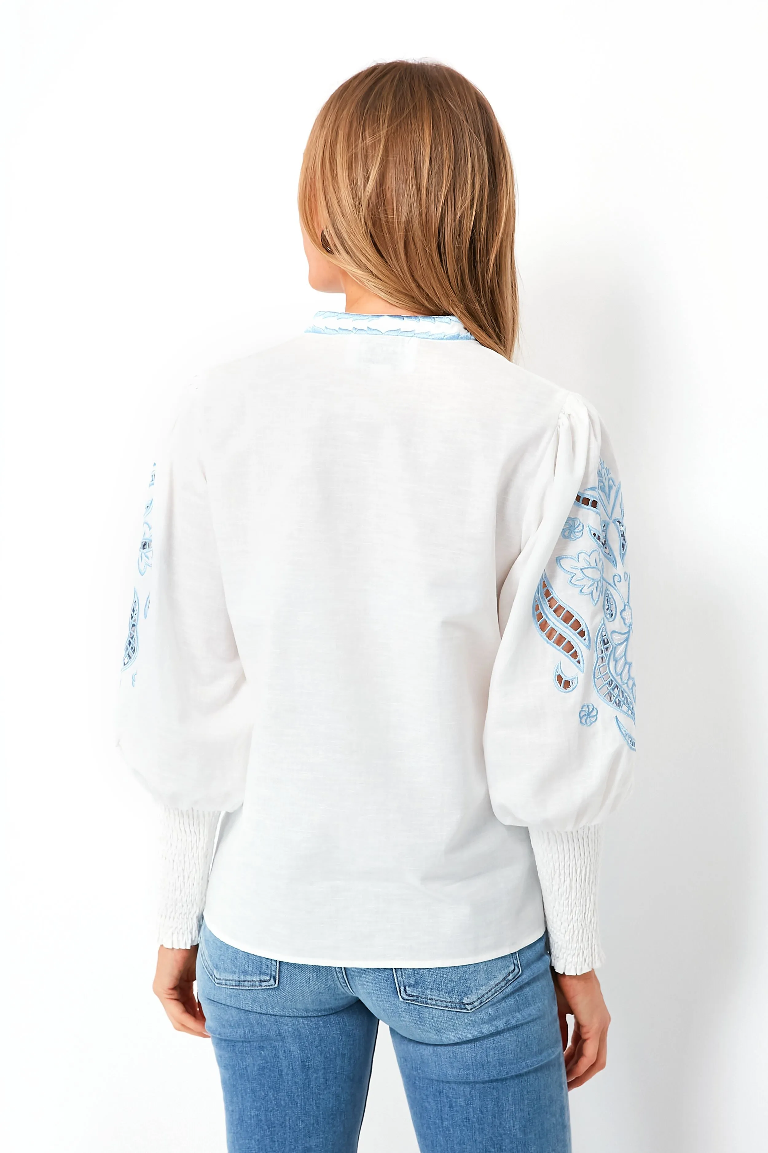 White and Blue Embroidered Sandy Shirt