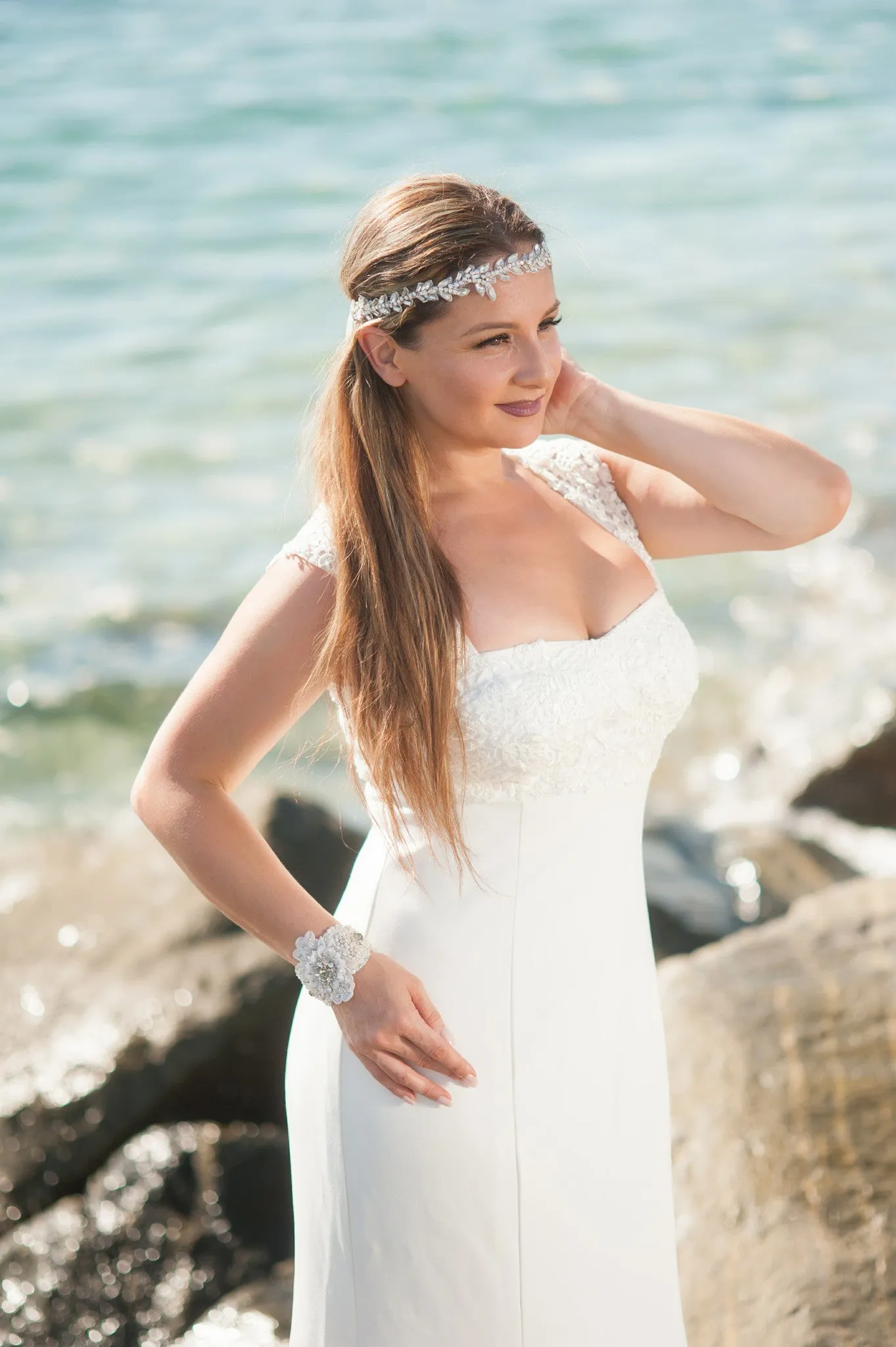 White Opal beaded vine headpiece and sash HPB170639 Coralie