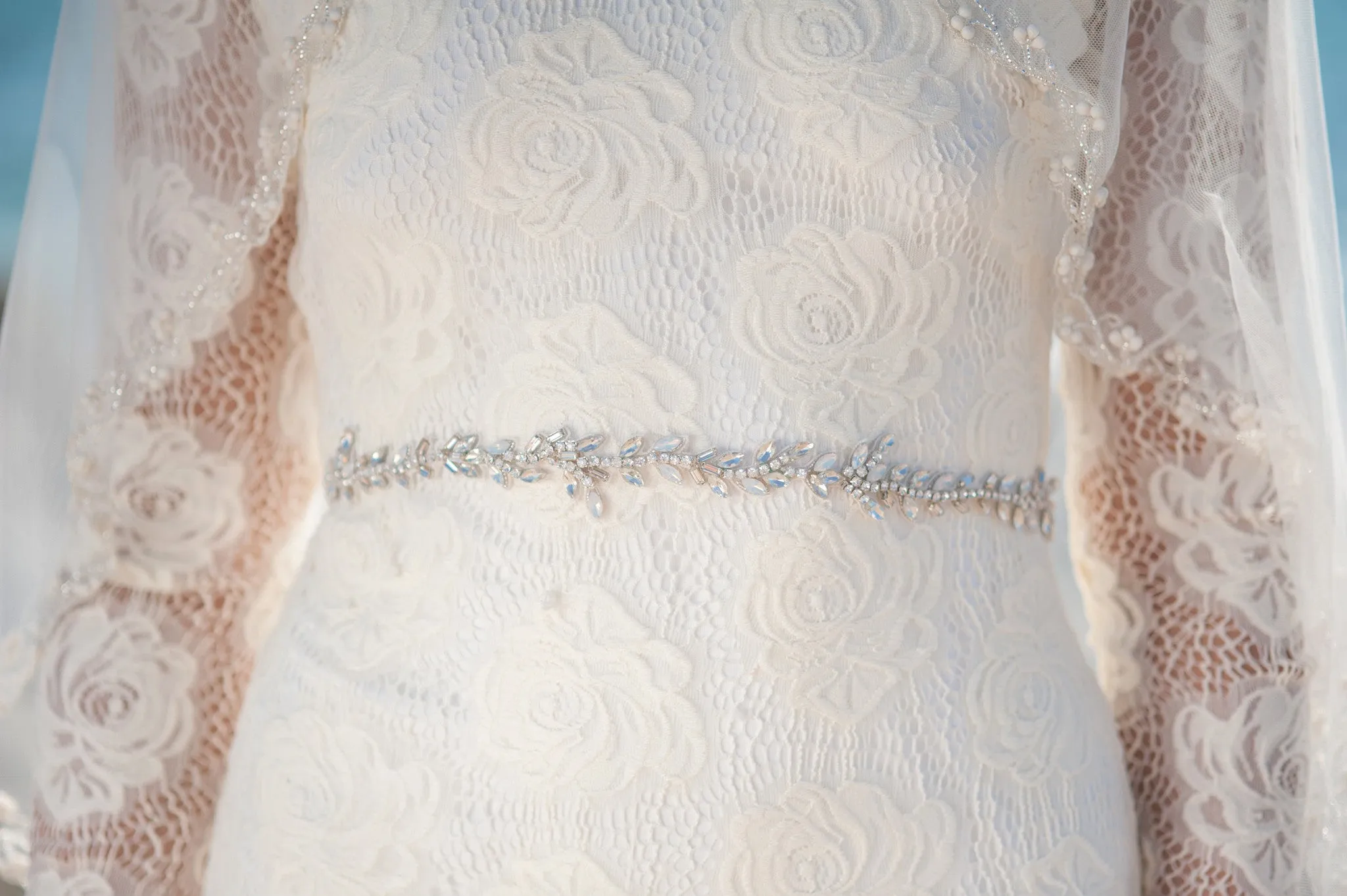 White Opal beaded vine headpiece and sash HPB170639 Coralie