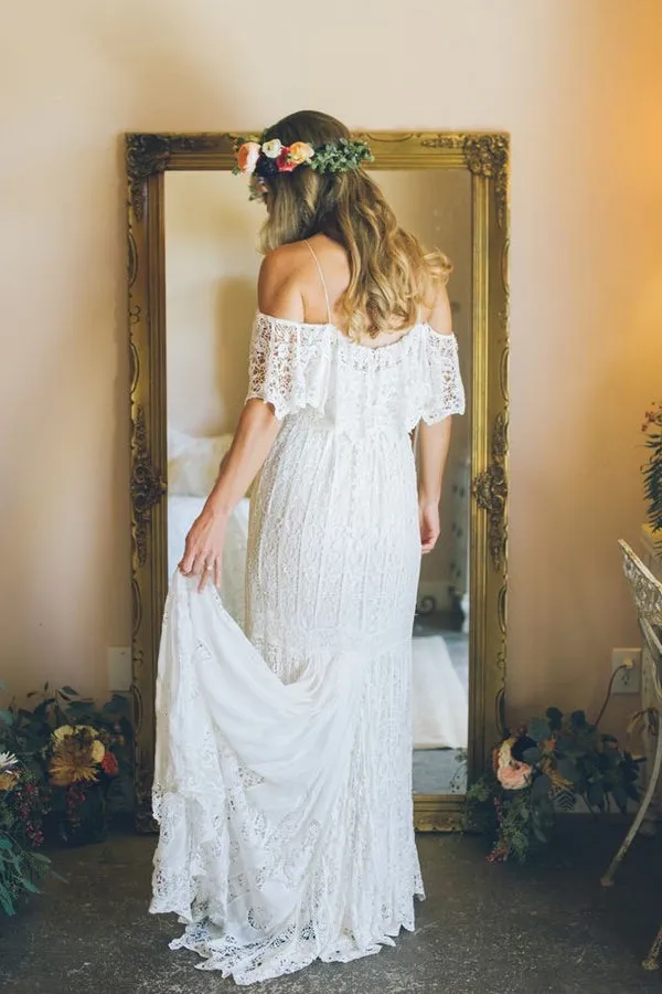 White Spaghetti Straps Half Sleeve Wedding Dresses with Short Train Bridal Gown, SW231